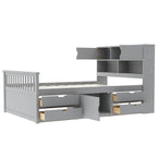 Lit plateforme capitaine double/grand avec 4 tiroirs et étagères de rangement, cadre de lit en bois massif avec tête de lit bibliothèque de rangement