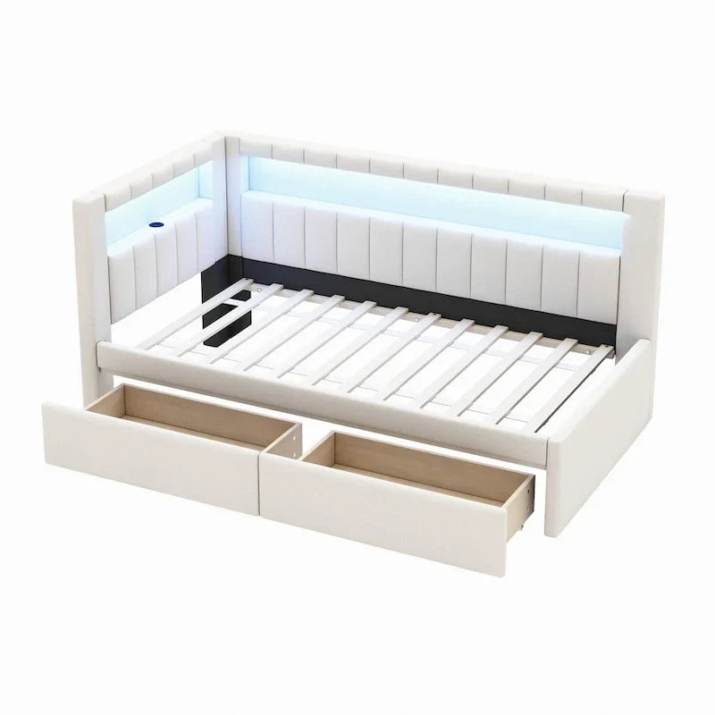 Lit plateforme rembourré avec ports USB et éclairage LED - Cadre de lit double/simple avec 2 tiroirs de rangement - Chambre à coucher moderne