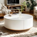 Table basse de forme tambour, ronde, en bois, moderne, blanche avec tiroir