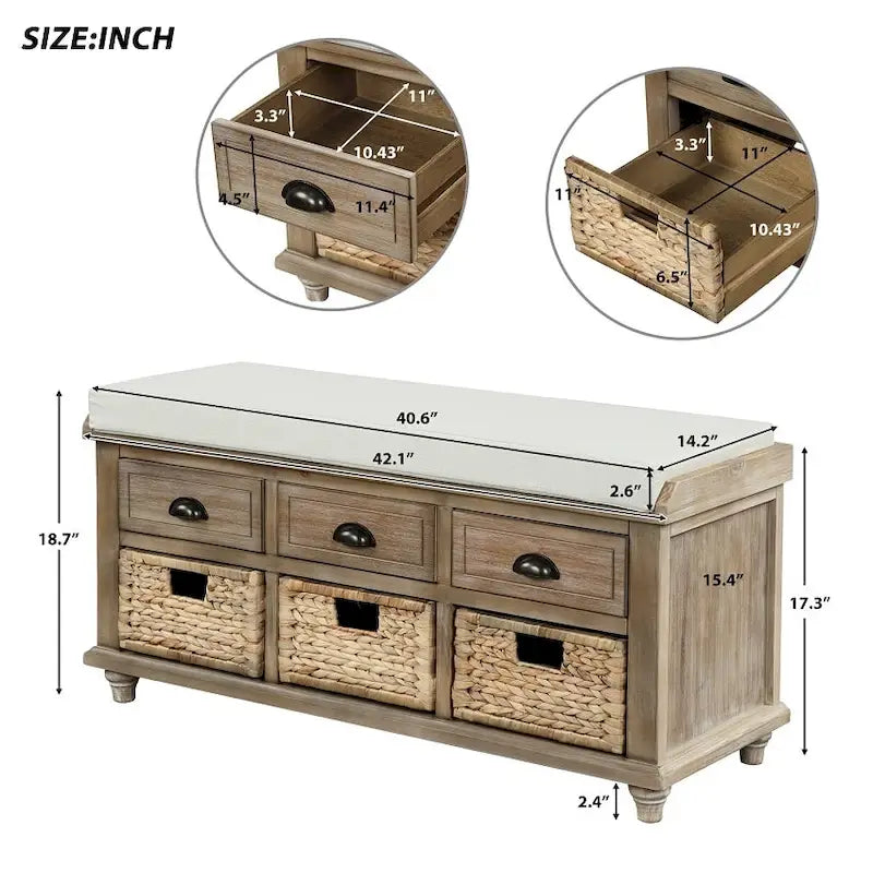 Banc de rangement rustique avec 3 tiroirs et 3 paniers en rotin, banc à chaussures pour salon, entrée
