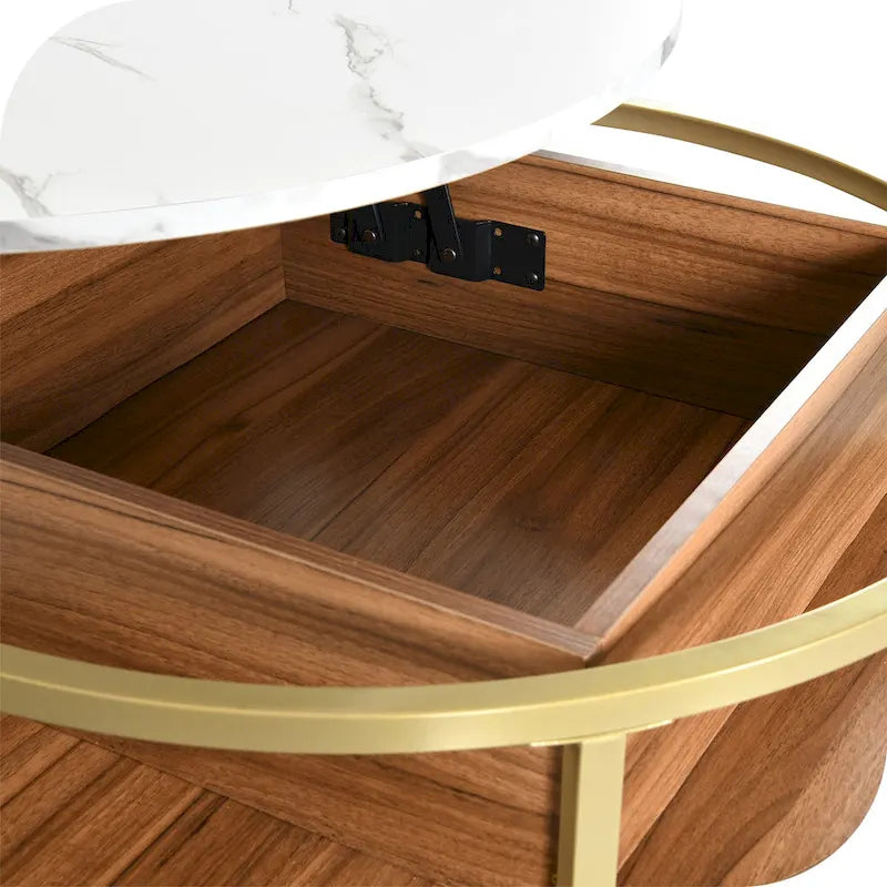 Table basse ronde relevable et extensible avec rangement dissimulé