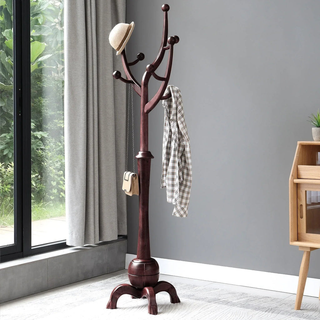 Porte-manteau sur pied en bois d'hévéa à motif de branches d'arbre avec 8 crochets - 24,5 l x 70,87 h