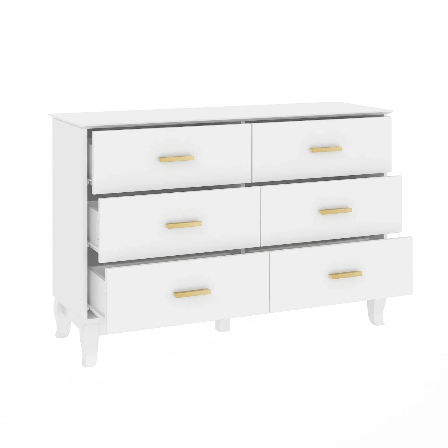 Commode double Timechee 6 tiroirs 47,2 po de largeur, pieds en bois massif, fini laqué