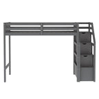 Lit mezzanine double sur lit double en bois avec escalier, balustrades hautes et échelle
