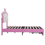 Cadre de lit double rembourré avec lumières LED, lit de princesse moderne rembourré avec tête de lit en forme de couronne, un tiroir, rose+blanc