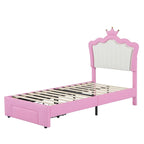 Cadre de lit double rembourré avec lumières LED, lit de princesse moderne rembourré avec tête de lit en forme de couronne, un tiroir, rose+blanc