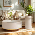 Table basse de forme tambour, ronde, en bois, moderne, blanche avec tiroir