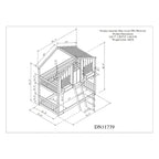 Lit superposé cabane jumeau sur jumeau avec toit, fenêtre, jardinière, porte, barrières de sécurité et échelle, gris