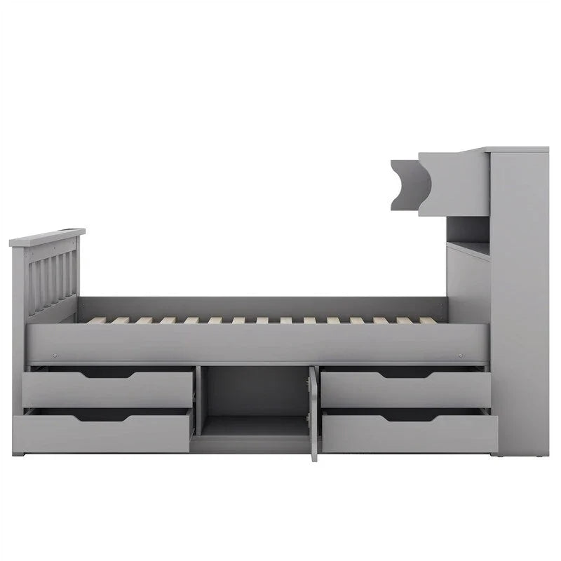 Lit plateforme capitaine double/grand avec 4 tiroirs et étagères de rangement, cadre de lit en bois massif avec tête de lit bibliothèque de rangement