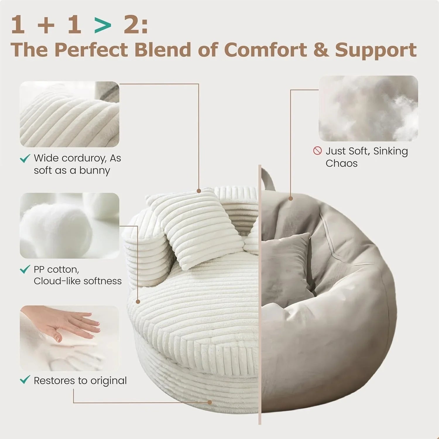 WOWMAX 47 Chaise Longue Ronde Intérieure, Canapé de Sol Surdimensionné en Velours Côtelé avec 2 Coussins Décoratifs