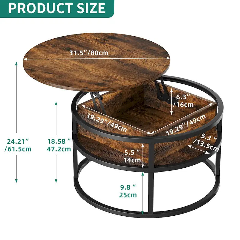 Table basse ronde relevable et extensible avec rangement dissimulé
