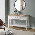 Console de couloir rustique en pin massif, blanc cérusé / marron antique / gris cérusé / non peinte, 3 tiroirs