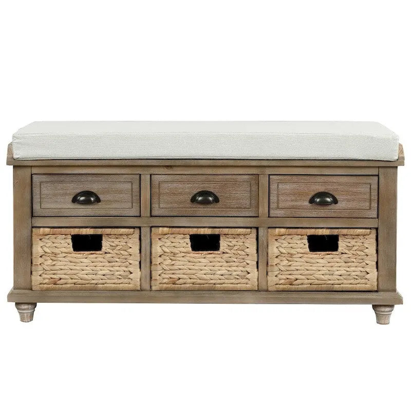 Banc de rangement rustique avec 3 tiroirs et 3 paniers en rotin, banc à chaussures pour salon, entrée
