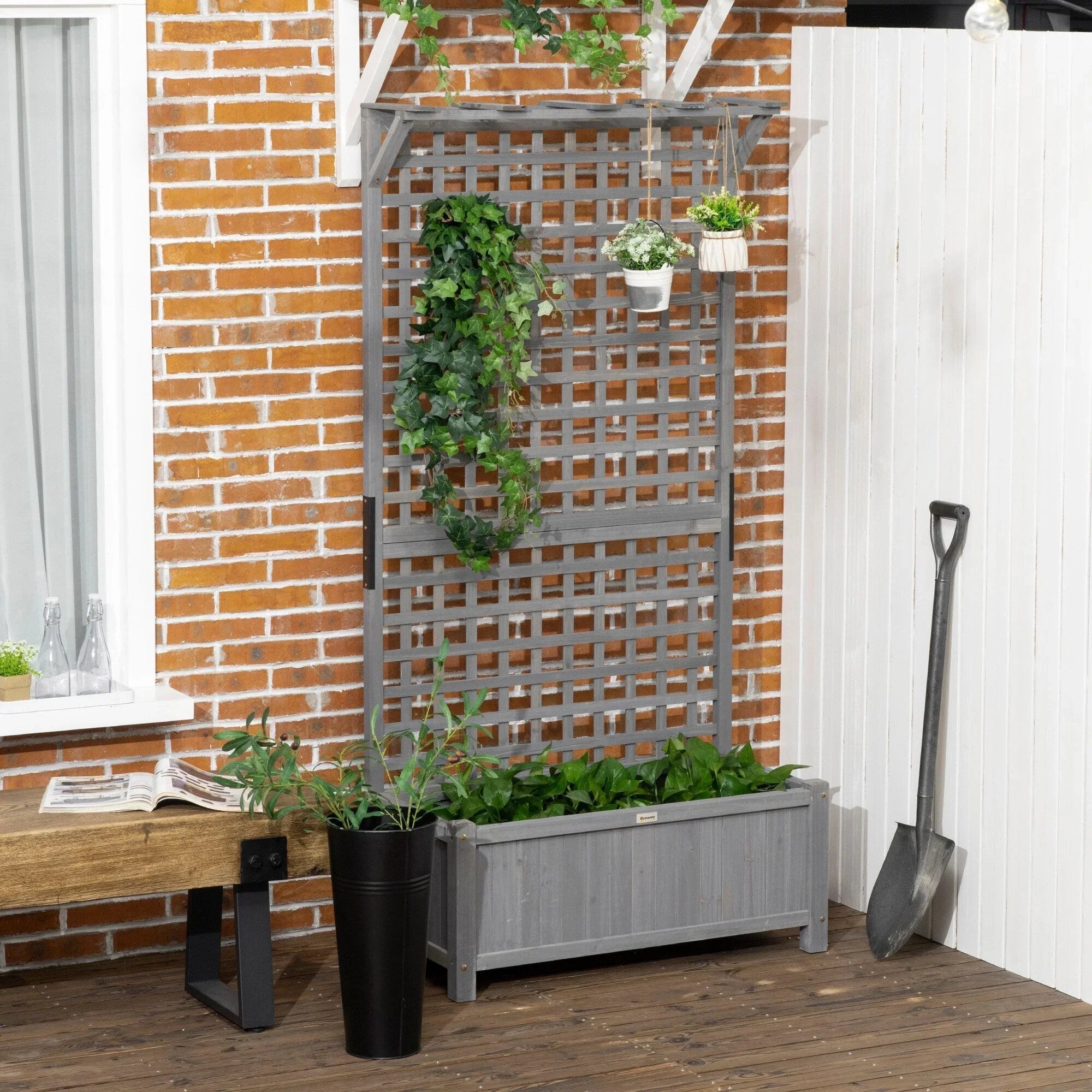 Jardinière en bois avec treillis, Carré potager surélevé pour plantes grimpantes avec trous de drainage et toit