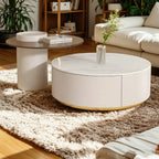 Table basse de forme tambour, ronde, en bois, moderne, blanche avec tiroir