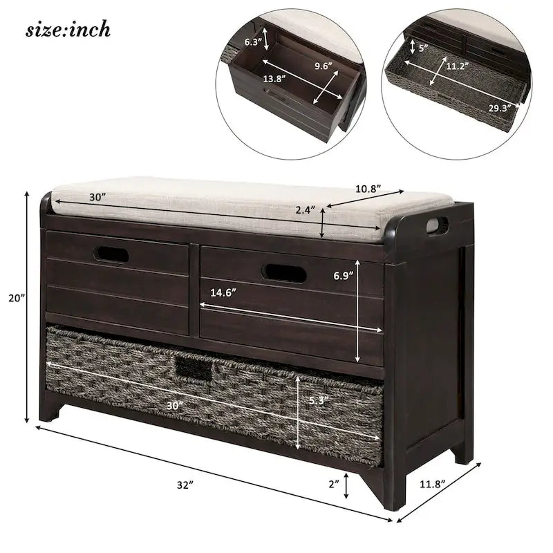 Banc de rangement en bois avec 2 paniers tressés