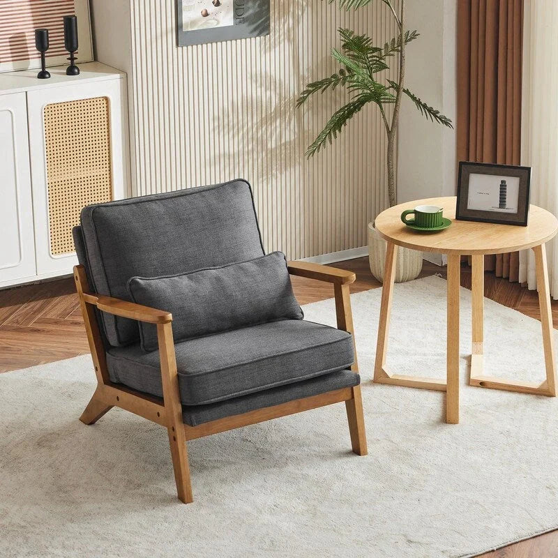 Fauteuil d'appoint rembourré en mélange de lin avec pieds en bois et un oreiller beige