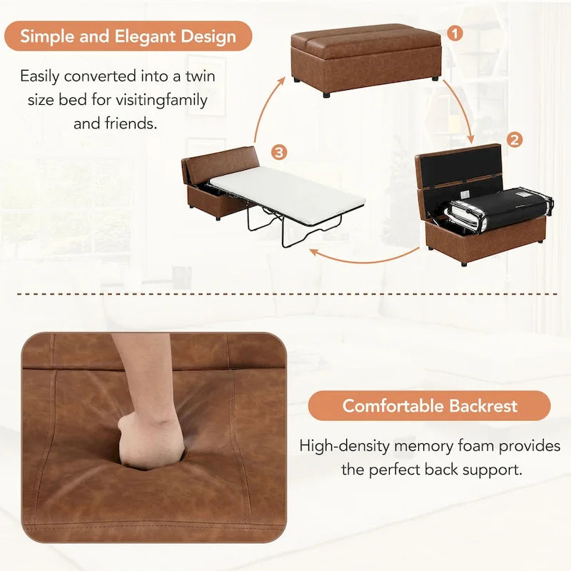 Lit d'appoint pliable ottoman convertible Twin Size avec matelas, canapé-lit rembourré en PU