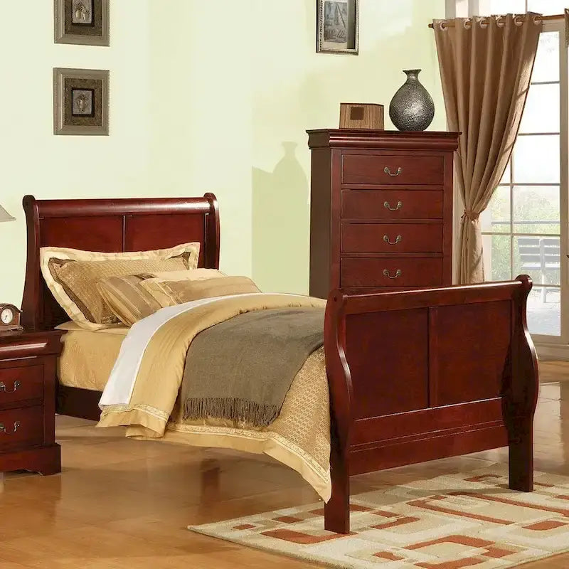 Lit traîneau double de style transitoire - Collection Louis Philippe III, nécessite un sommier, cerisier