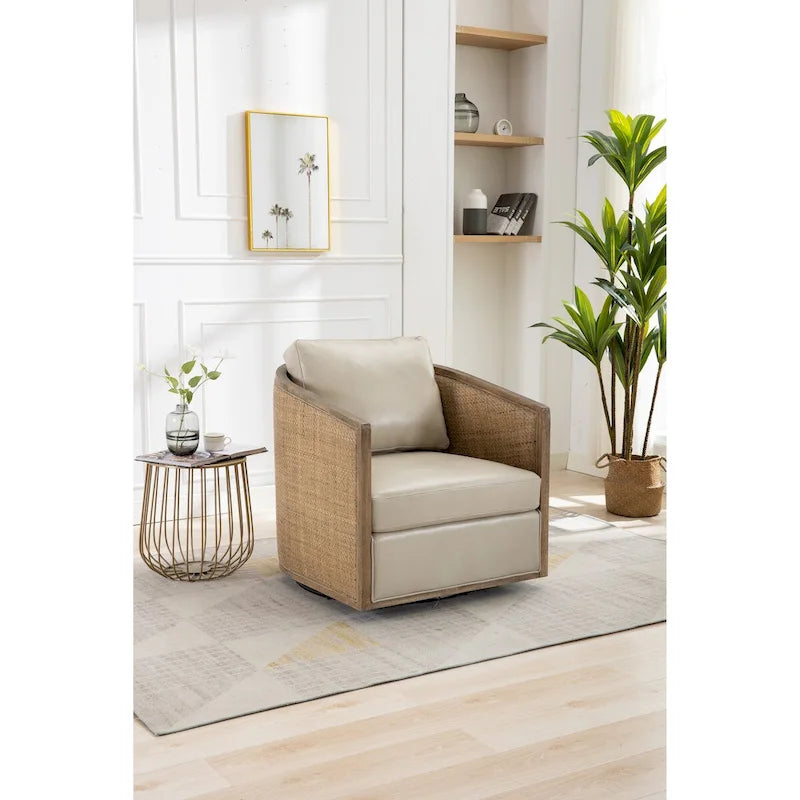 Fauteuil pivotant, fauteuil d'appoint rond confortable, fauteuil club pivotant à 360 degrés, fauteuil de loisirs avec cadre en rotin tressé