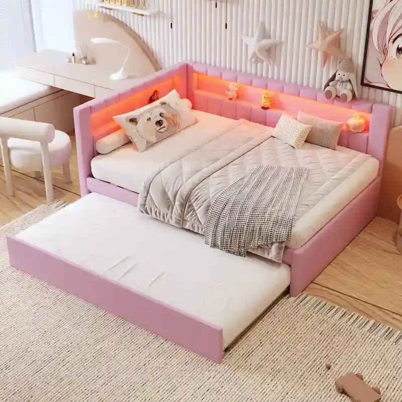 Lit plateforme rembourré avec ports USB et éclairage LED - Cadre de lit double/simple avec 2 tiroirs de rangement - Chambre à coucher moderne