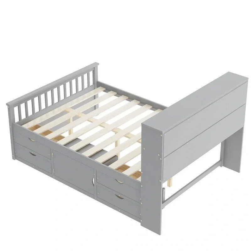 Lit plateforme capitaine double/grand avec 4 tiroirs et étagères de rangement, cadre de lit en bois massif avec tête de lit bibliothèque de rangement